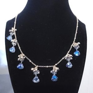 Gold Tone Blue Crystal Glass Drop Necklace